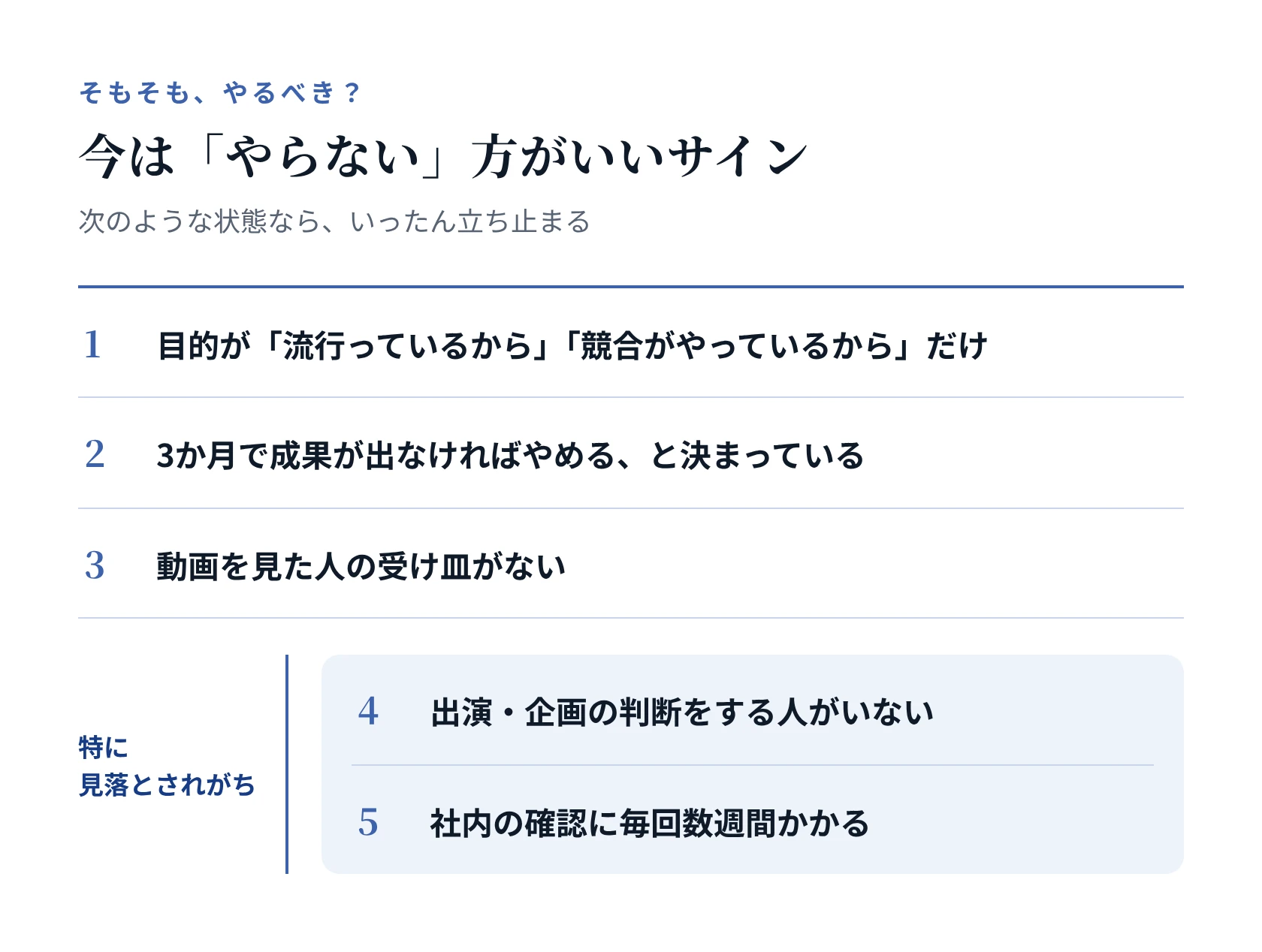 今は企業YouTubeを「やらない」方がいい5つのサイン。目的が「流行っているから」「競合がやっているから」だけ/3か月で成果が出なければやめると決まっている/動画を見た人の受け皿がない/出演・企画の判断をする人がいない/社内の確認に毎回数週間かかる。最後の2つは特に見落とされがち。