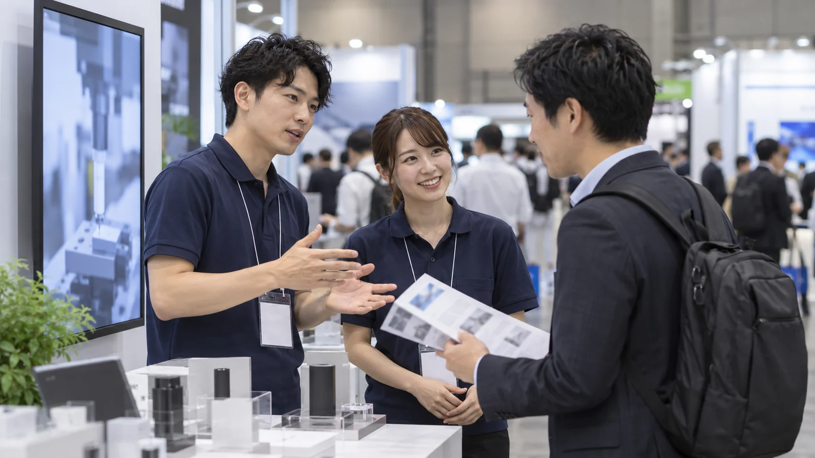 展示会ブースでモニター映像を使って説明する様子