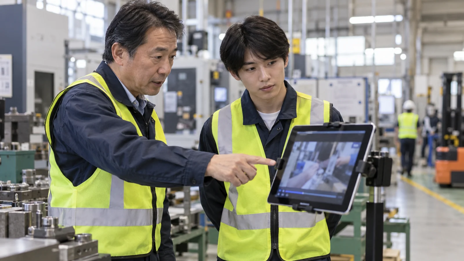 現場で手順動画をタブレットで確認する研修の様子