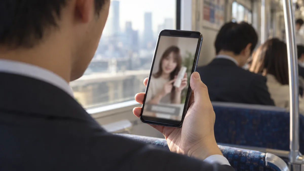 通勤電車の中で、スマホの縦型動画を音を出さずに見ている様子