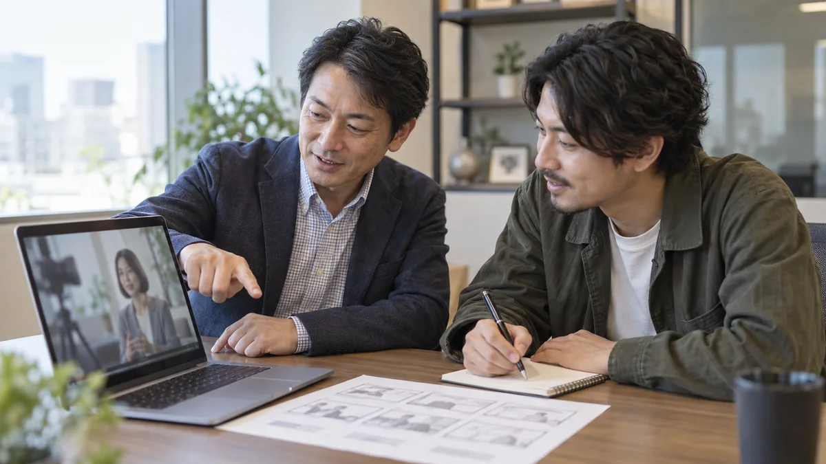 社内のマーケ担当者と制作スタッフが、ノートPCと絵コンテを見ながら動画の流れをすり合わせている様子