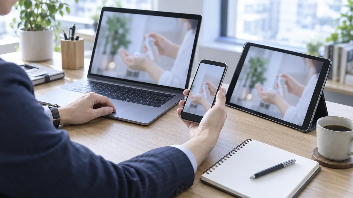ノートPC・スマホ・タブレットで同じ動画を確認するマーケ担当者の手元