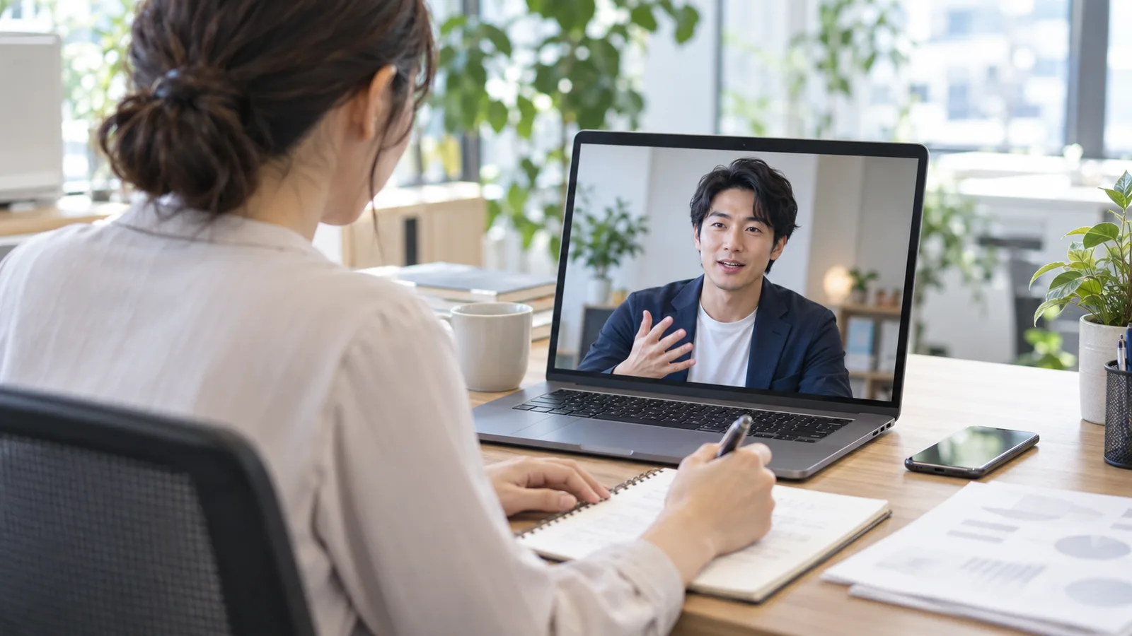 社内の担当者が、運用代行の担当ディレクターと初めてのオンライン打ち合わせをしながらメモを取っている様子