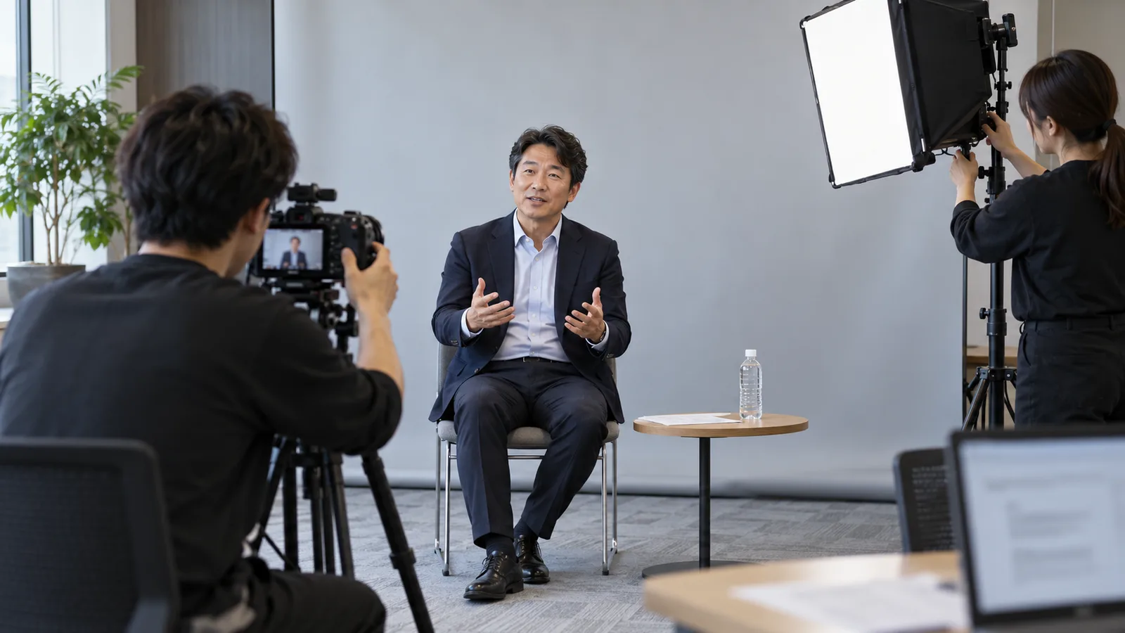 会議室で社員がカメラに向かって話し、外部の撮影スタッフがカメラと照明を整えている、まとめ撮りの日の様子