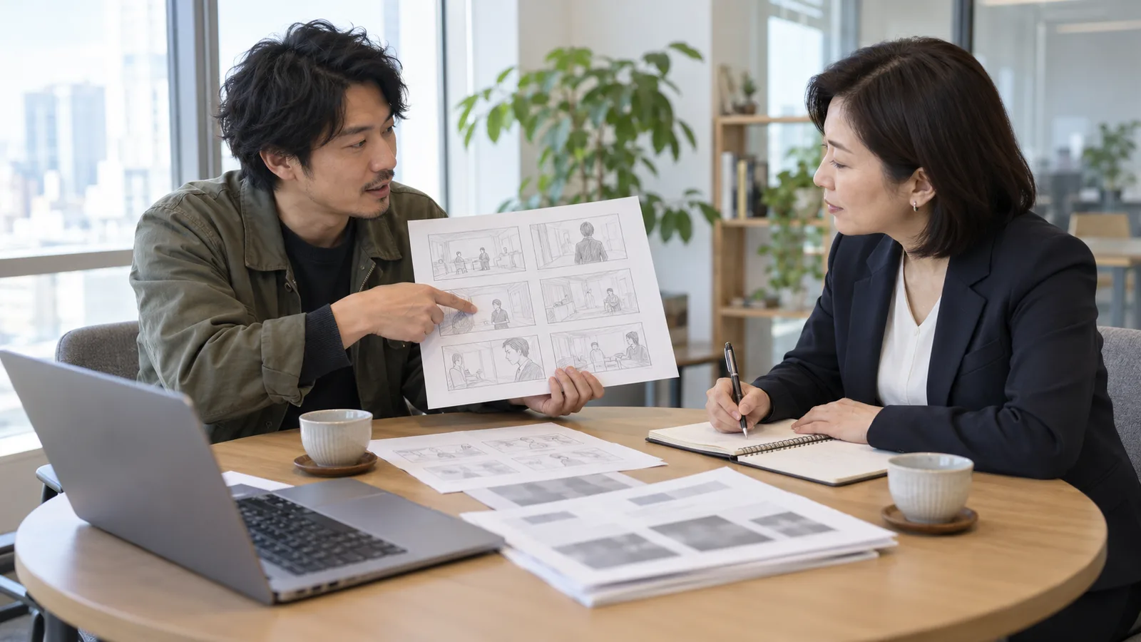 外部の映像ディレクターが手描きの絵コンテを見せながら、企業の担当者と動画の流れを打ち合わせている様子