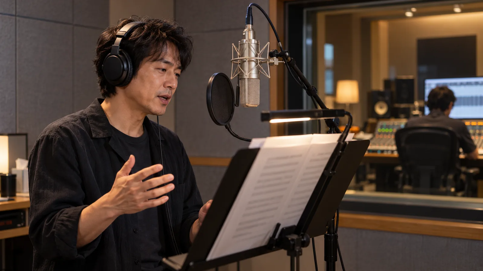 防音の録音ブースで、ナレーターがマイクに向かって台本を読み、ガラス越しに音響スタッフが収録している様子