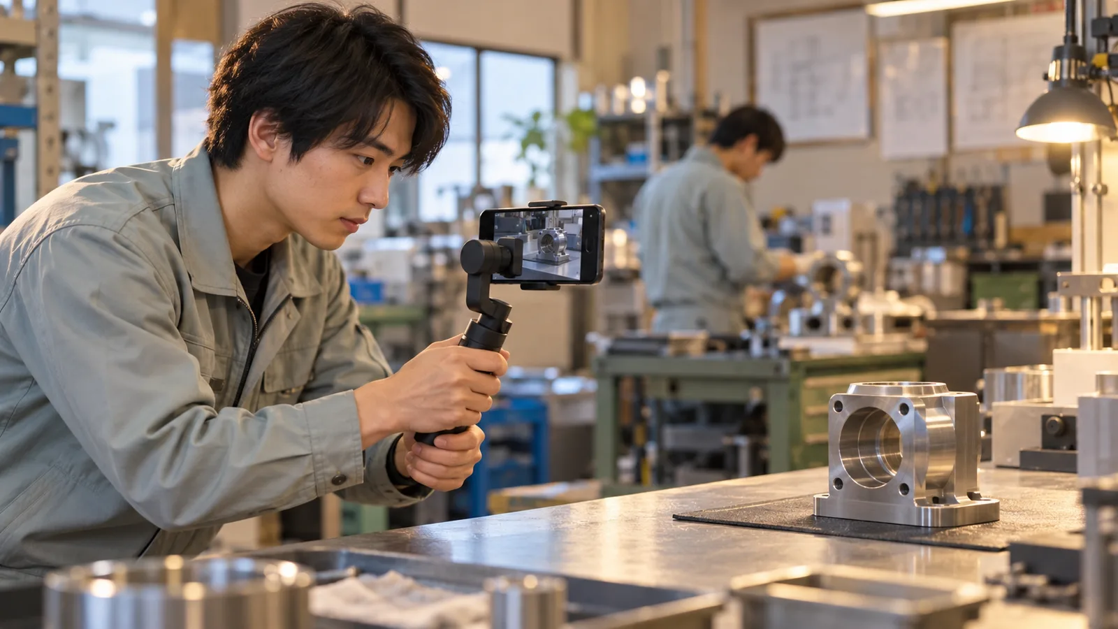 工場の作業台で、社員がジンバル付きのスマートフォンを使って自社の製品を撮影している様子