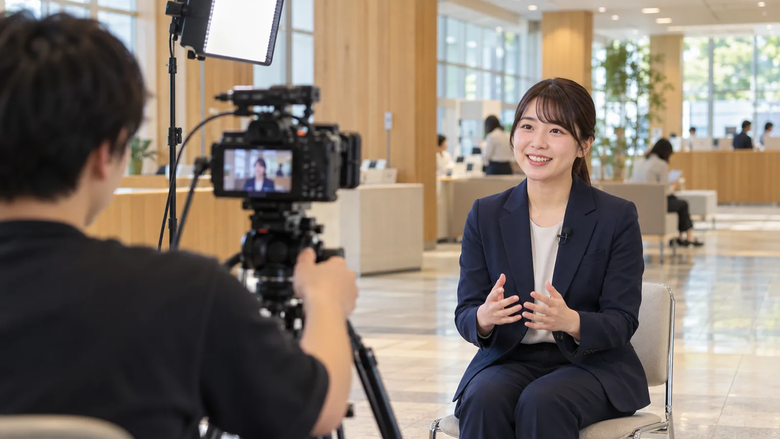 明るい庁舎のロビーで、若い職員が採用動画のインタビューを撮影されている様子