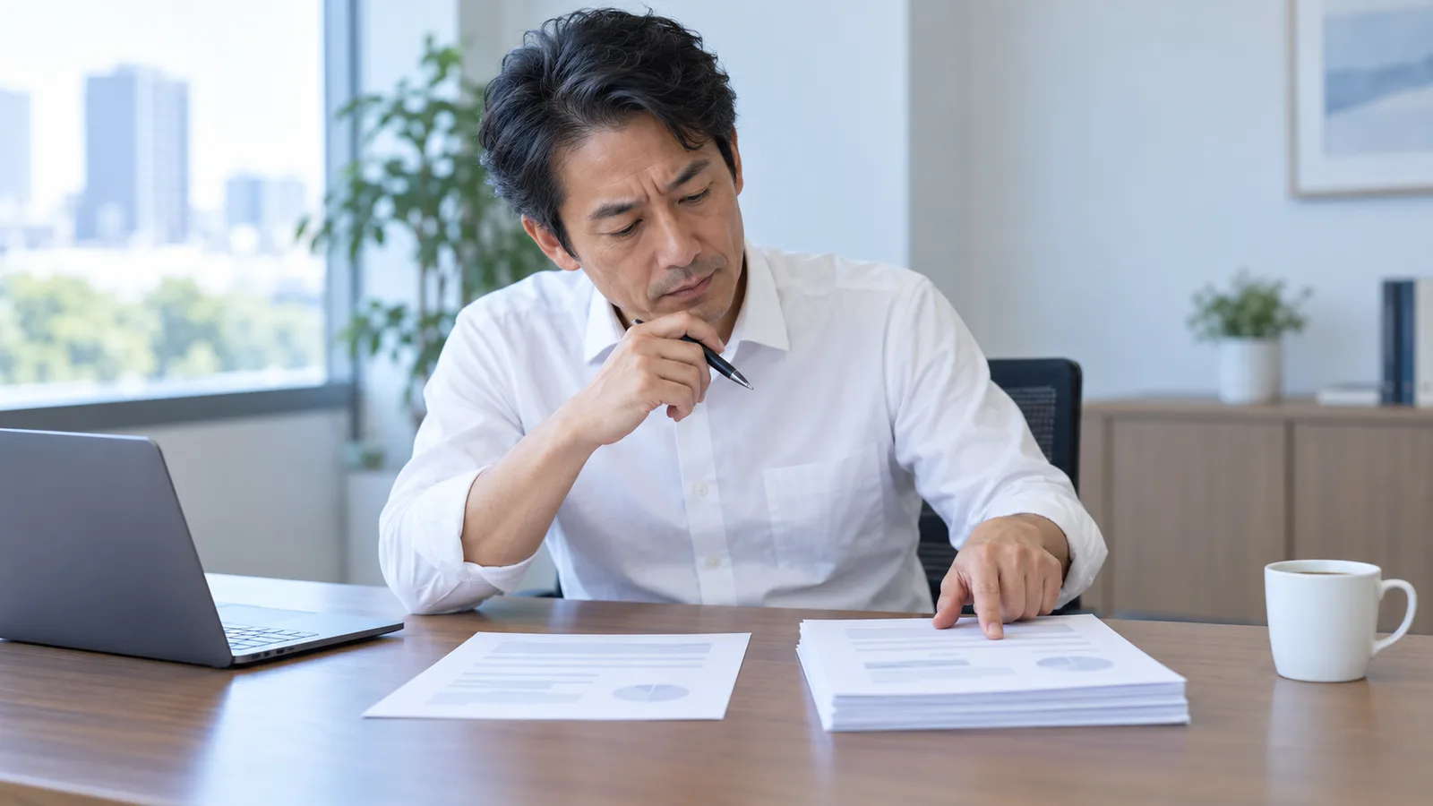 薄い見積書と厚い見積書を机に並べ、どちらが妥当か考えている担当者
