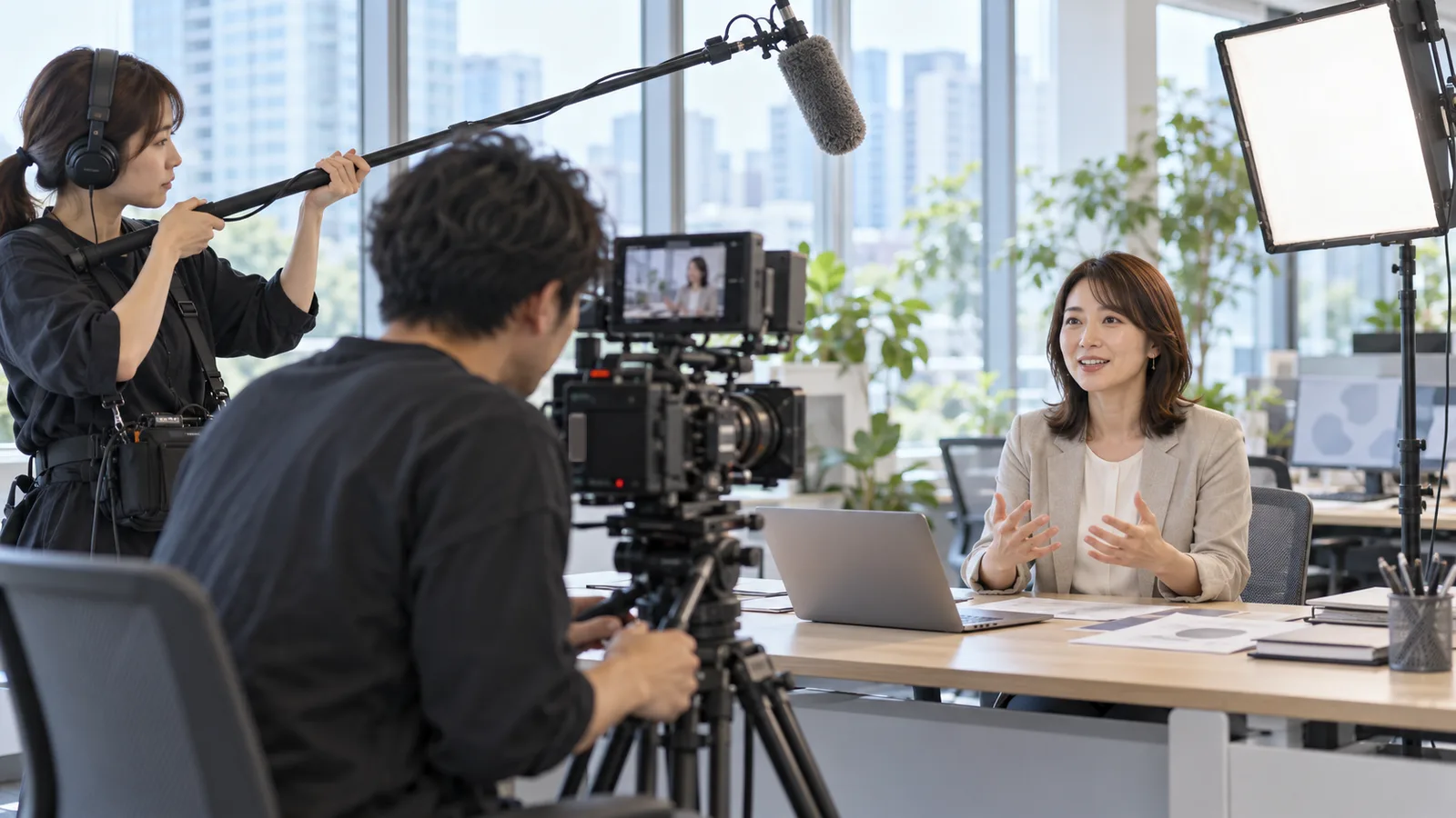 社内の一角で、カメラマンと音声スタッフの2人が社員のインタビューを1日で撮影している様子