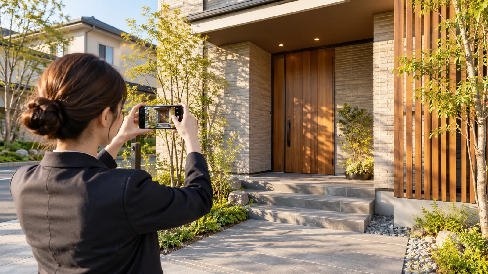 住宅の外観をスマートフォンで撮影している担当者
