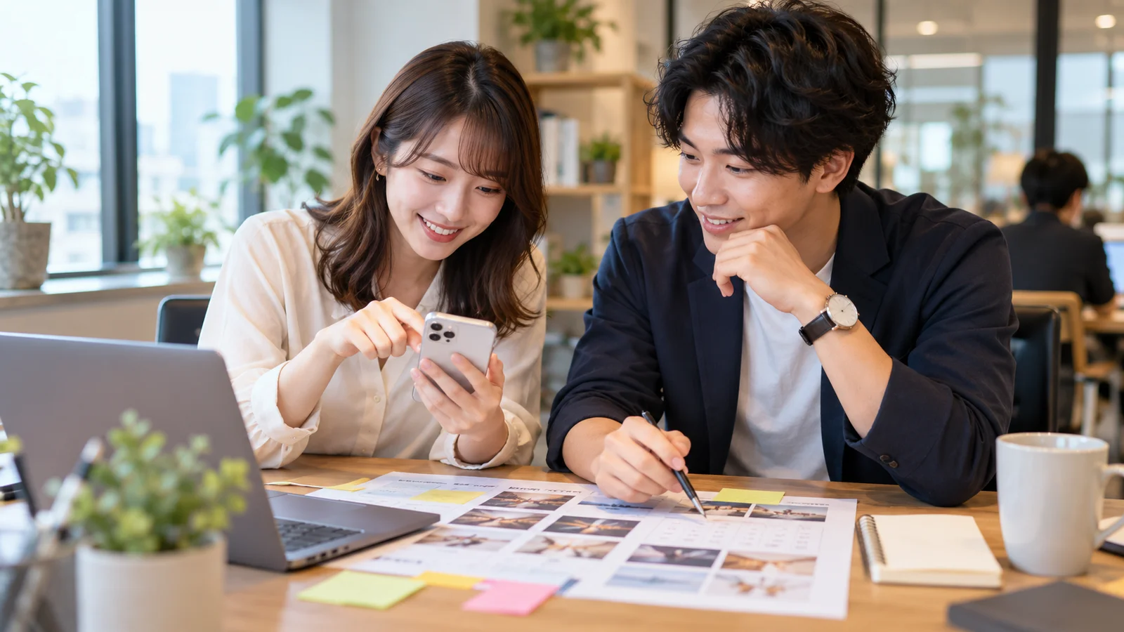 SNSの投稿計画をスマートフォンと紙の予定表で確認している担当者