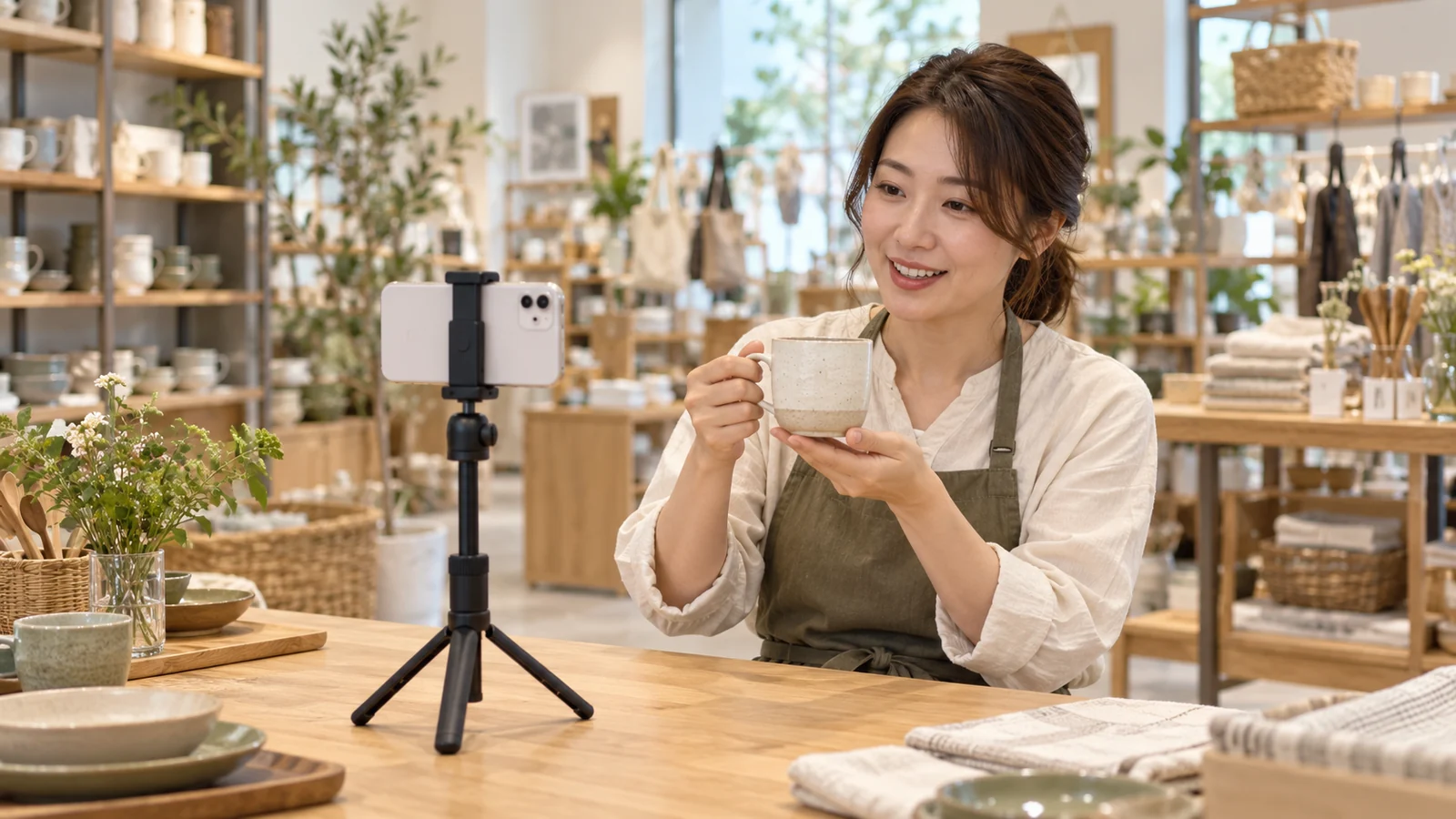 生活雑貨の店で、スタッフが三脚に取り付けたスマートフォンに向けて陶器のマグカップを紹介している様子