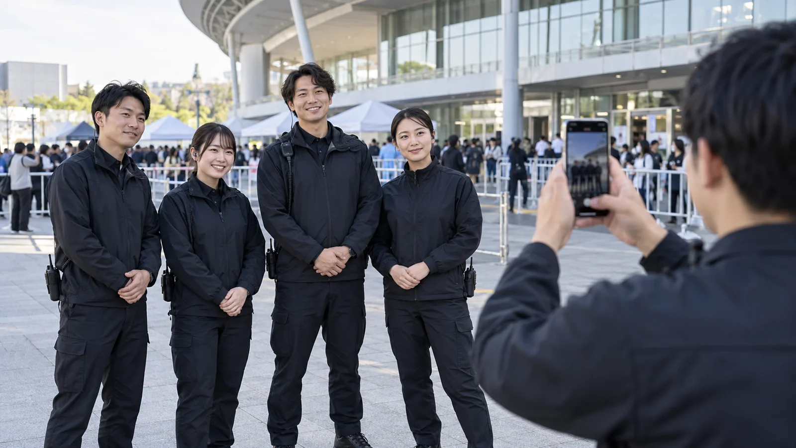 制服の警備スタッフをスマートフォンで撮影している担当者