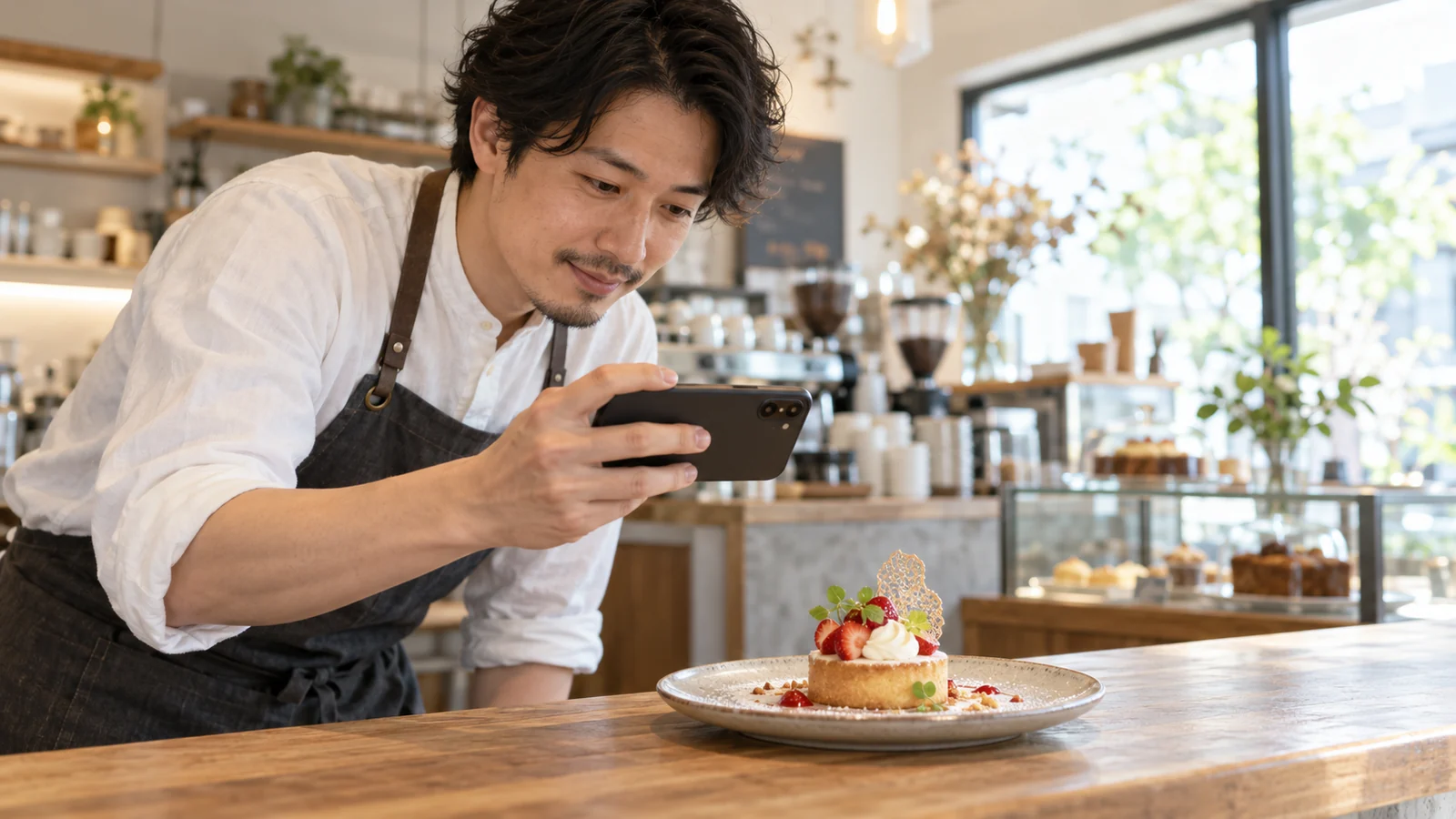 カフェのカウンターで、新作のデザートをスマートフォンで撮影しているスタッフ