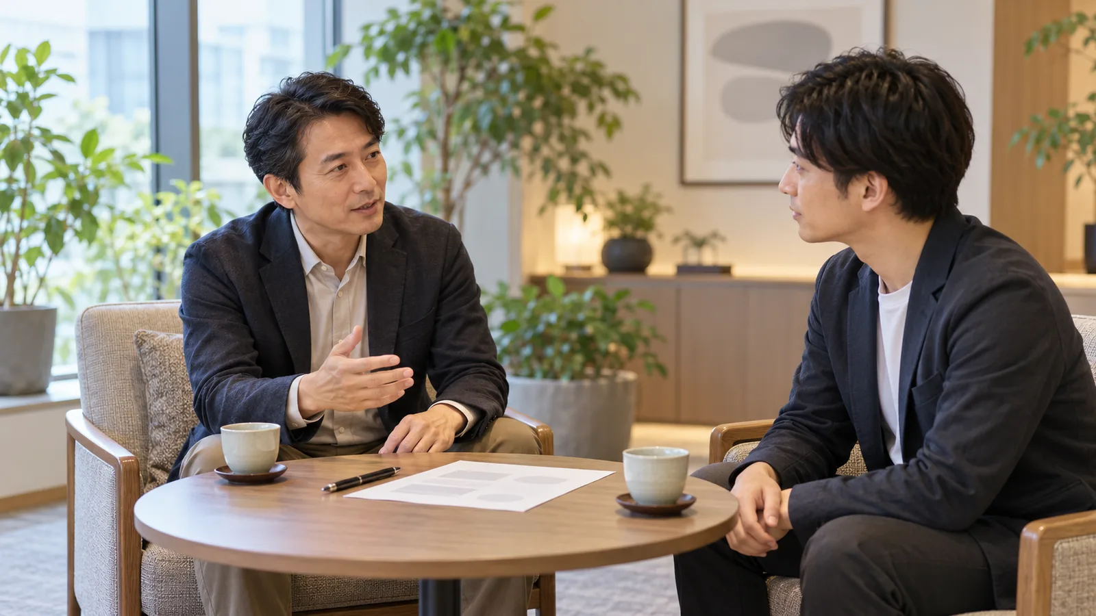 応接スペースで、企業の担当者と外部の会社の担当者が向かい合って話している様子