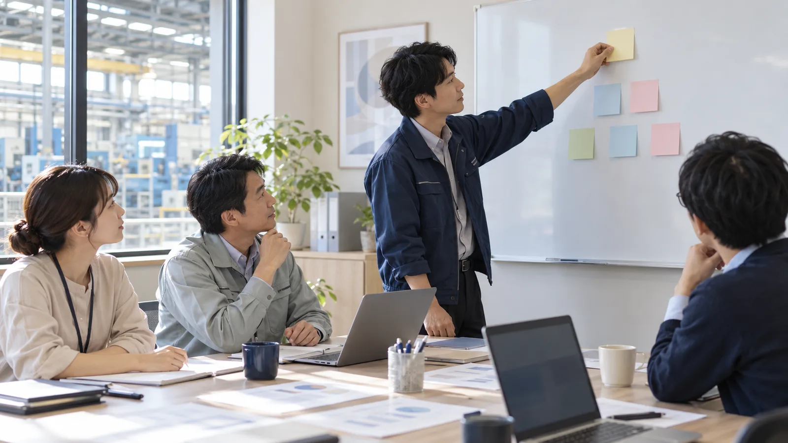 工場が見える会議室で、作業着の担当者が付せんを貼りながら目的を話し合っている様子