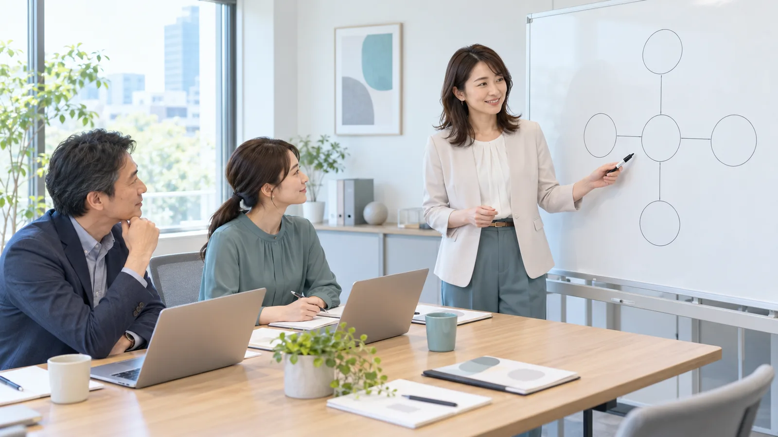 ホワイトボードの前で、外部の担当者が企業のメンバーに進め方の全体像を説明している会議の様子