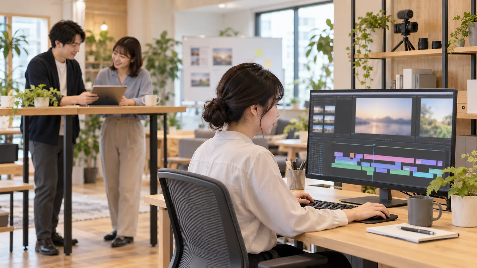 動画の編集画面に向かう担当者と、奥でタブレットを見ながら話し合うメンバーがいるオフィス