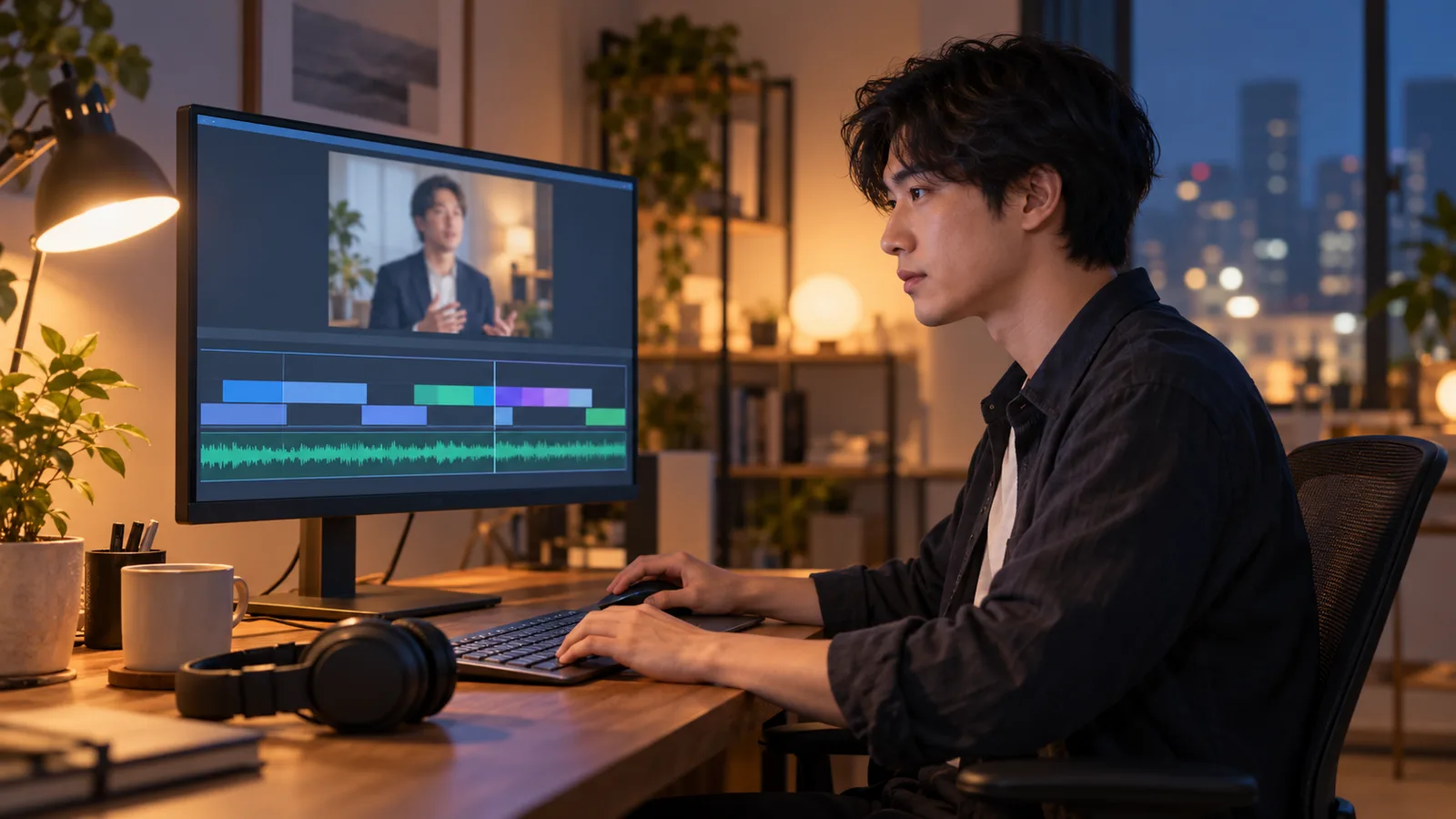 夜のオフィスで、編集担当者がモニターに映したインタビュー映像を編集している様子