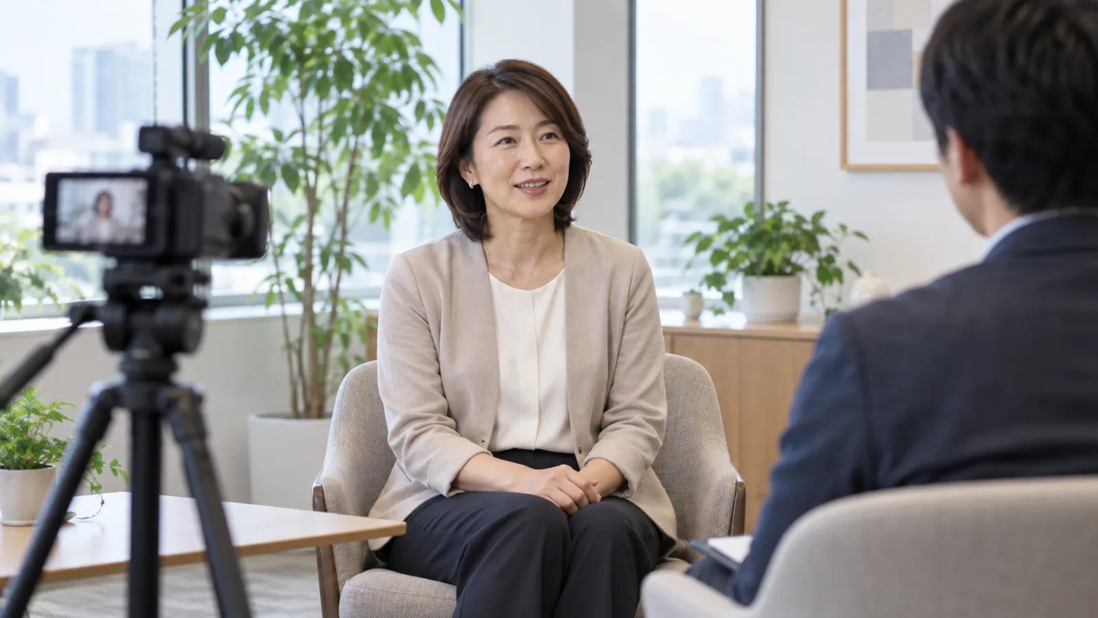 明るい会議室で、お客様の女性がインタビューに答えている様子を、手前のカメラで撮影している場面