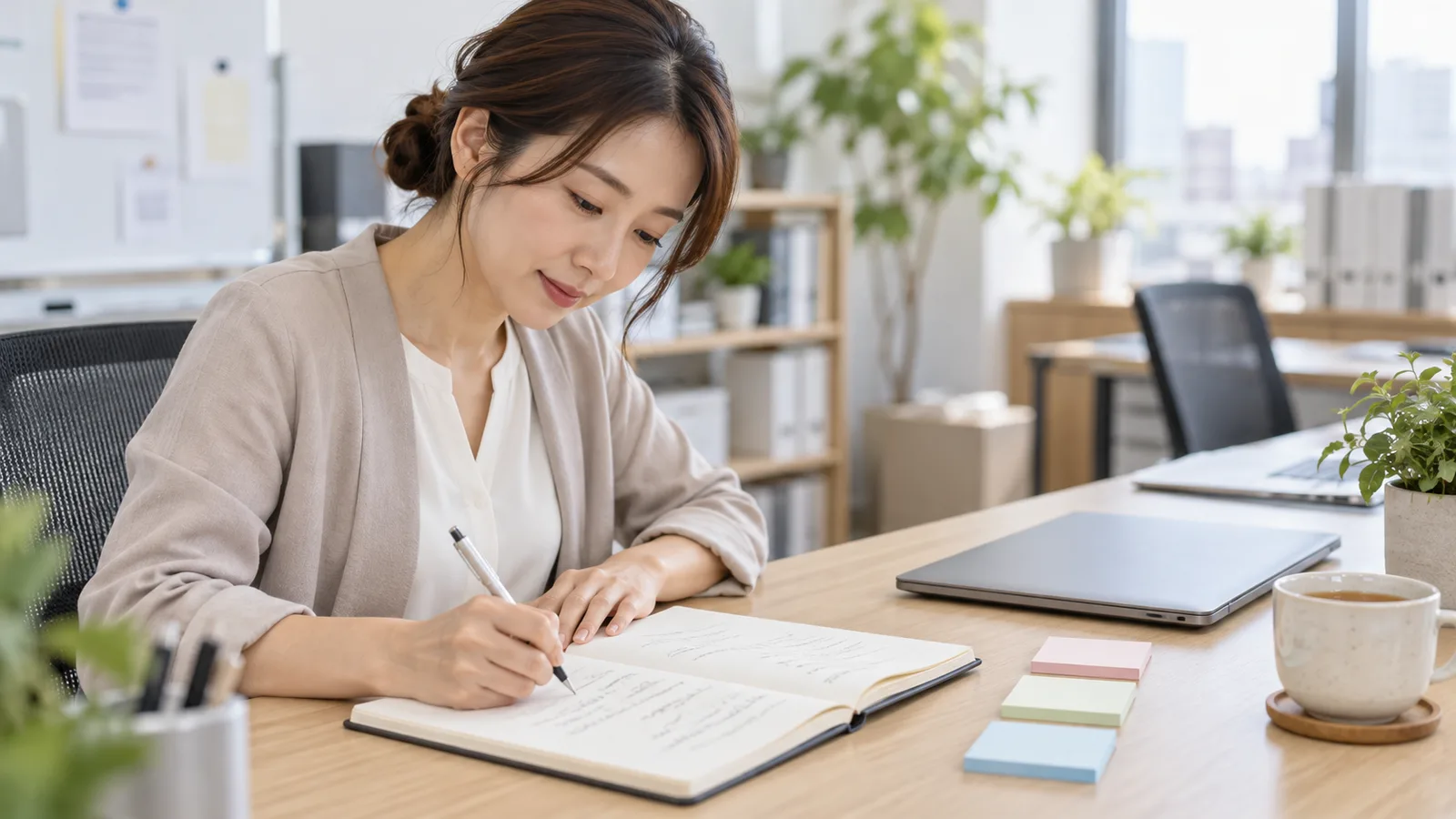 オフィスの机で、担当者がノートにインタビューの質問を書き出している様子