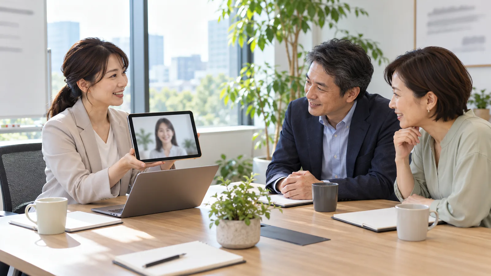 会議室で、営業担当者がタブレットに映したお客様のインタビュー動画を、取引先の2人に見せている商談の様子