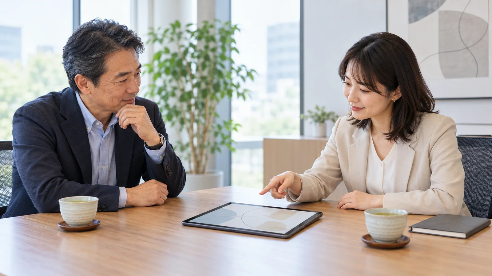 会議室で、広告代理店の担当者がタブレットを指しながら、取引先の男性に説明している打ち合わせの様子
