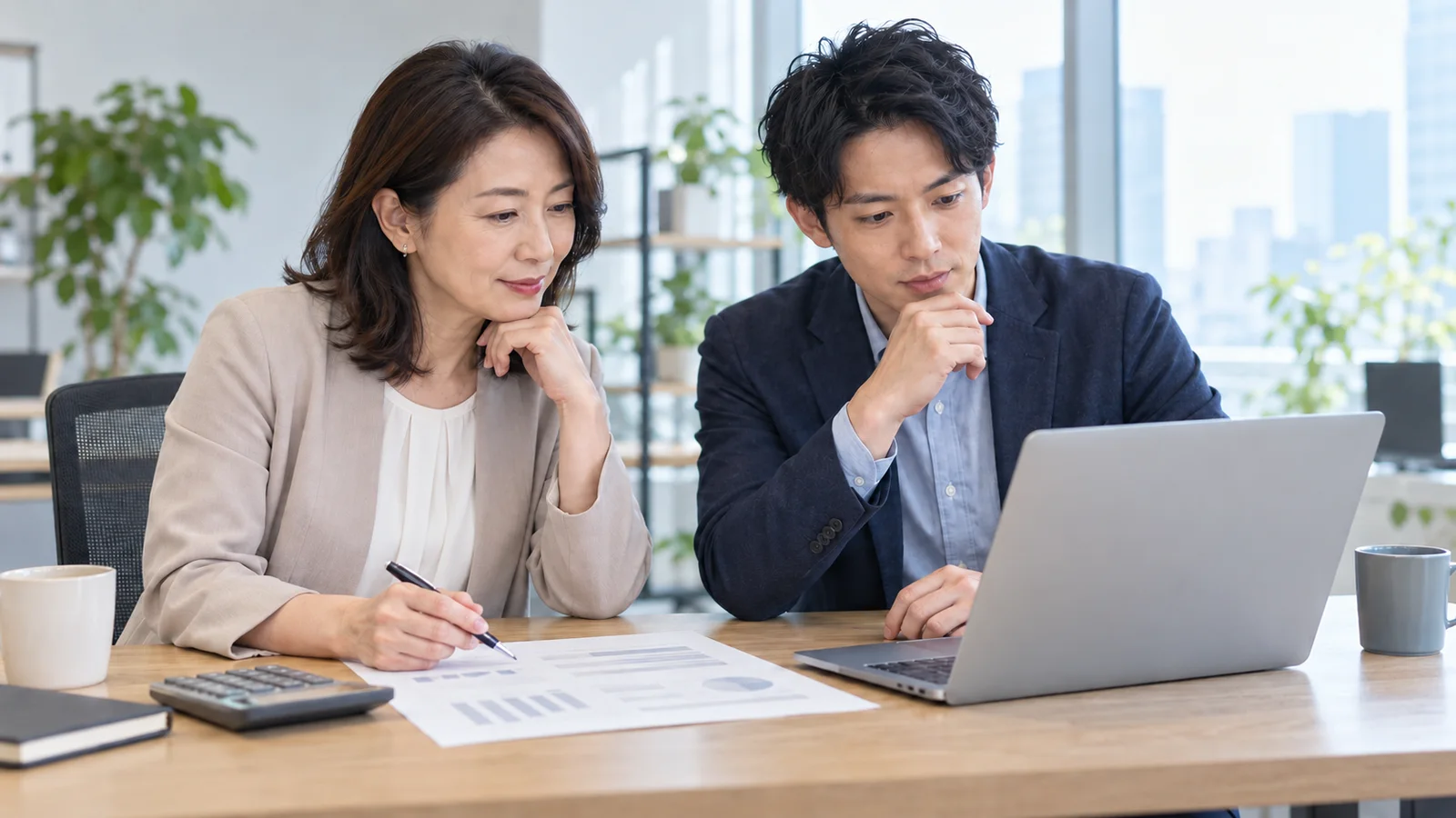 明るいオフィスの机で、マーケティング担当の女性と同僚の男性が、ノートパソコンと電卓と資料を前に月の予算を確かめている様子