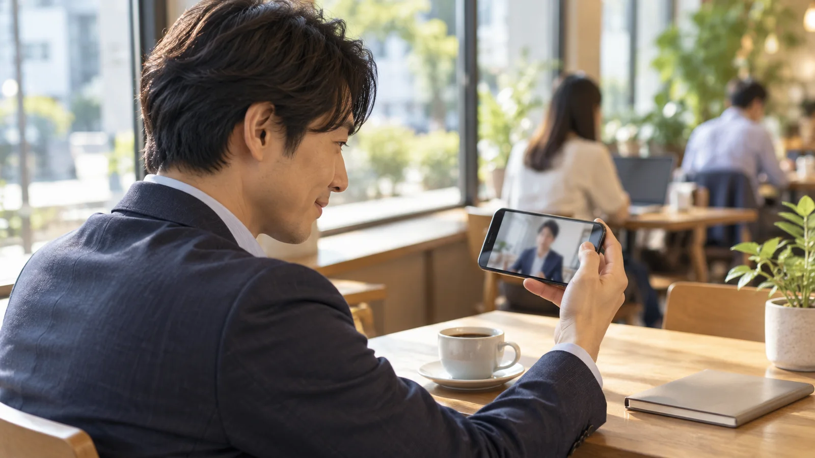 窓ぎわのカフェで、会社員の男性がスマートフォンで短い動画を見ている様子