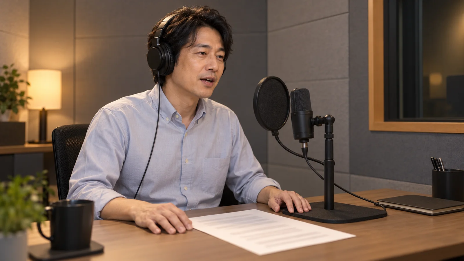 吸音パネルのある小さな部屋で、男性がヘッドホンを付けて卓上マイクに向かい、説明動画のナレーションを録音している様子
