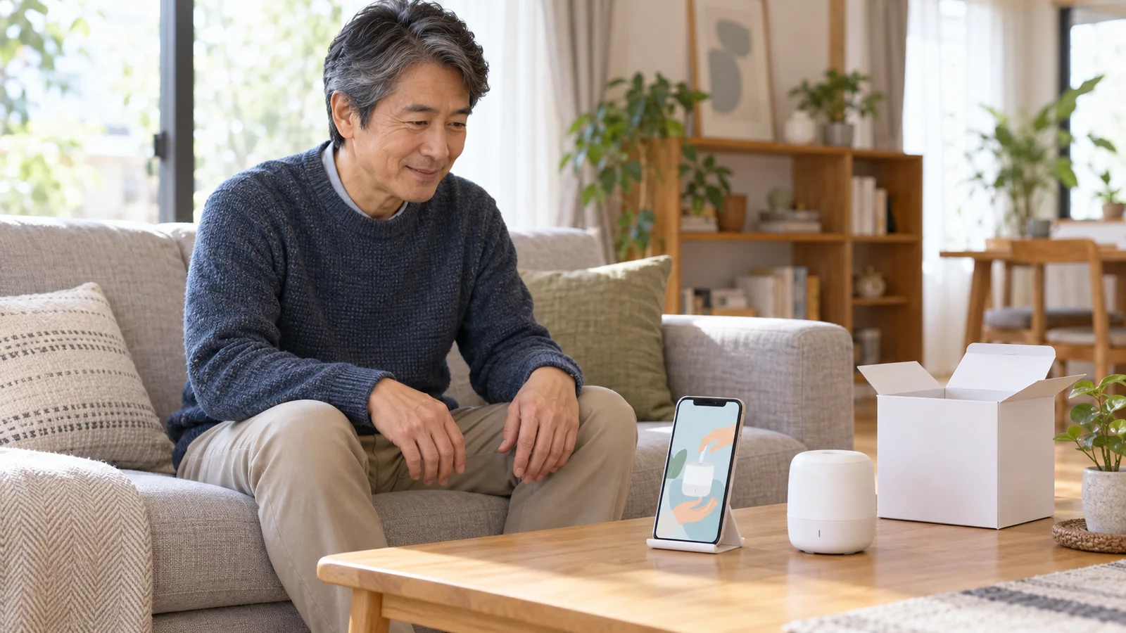 リビングのソファに座った男性が、テーブルのスマートフォンで届いた機器の使い方の説明動画を見ている様子