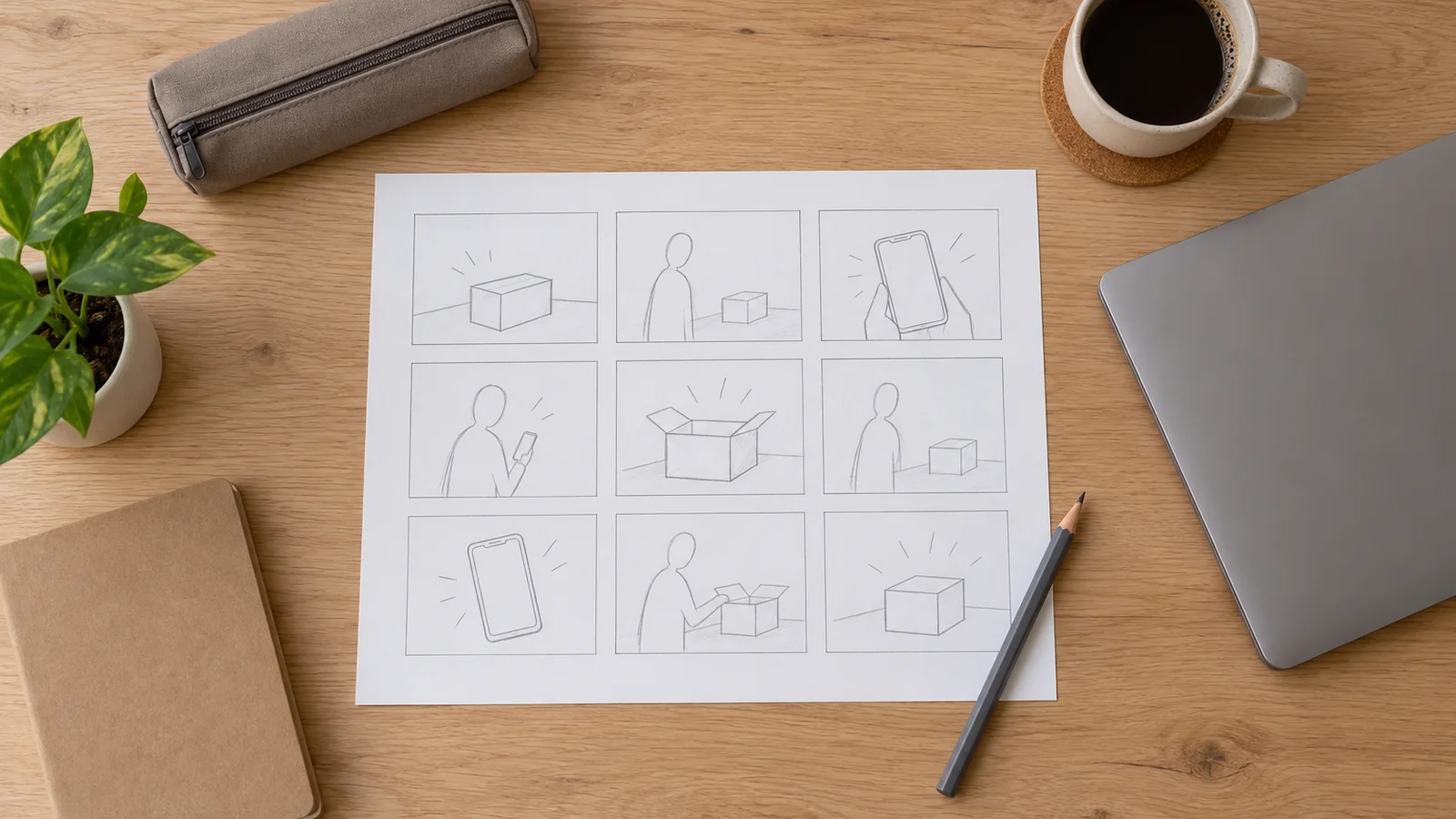 木の机の上に置かれた、簡単な絵だけを描いた説明動画の構成用紙と鉛筆、コーヒーカップ