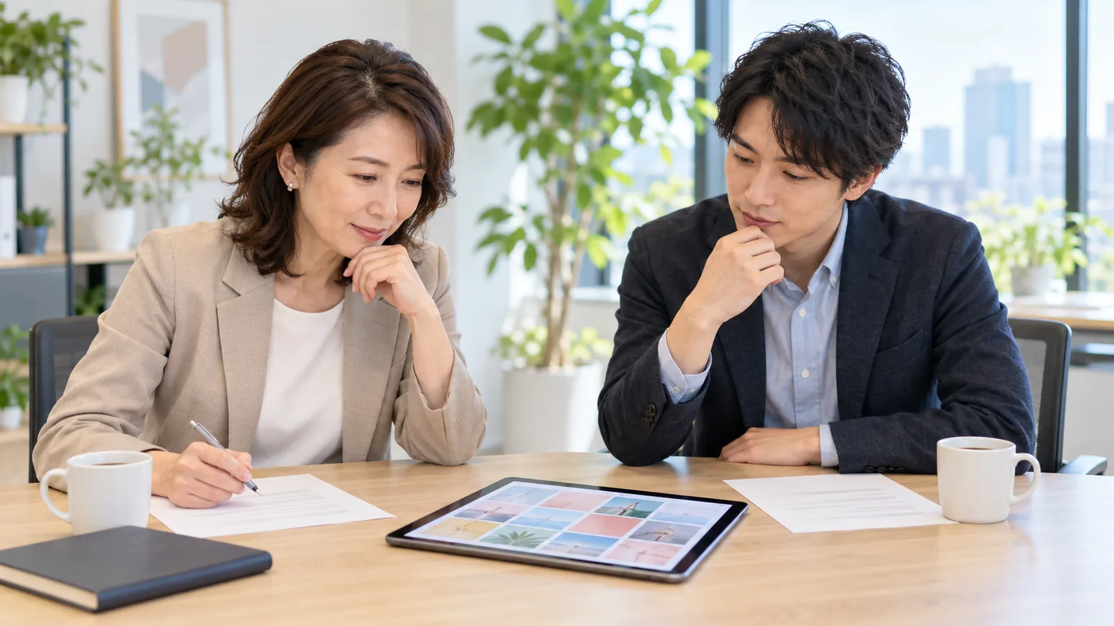 明るい会議室で、女性の担当者と男性の同僚が、タブレットに映したSNSの投稿一覧と資料を見ながら月の予算を考えている様子