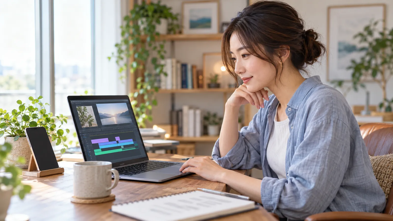 自宅の作業部屋で、フリーランスの女性がノートパソコンで動画を編集している様子