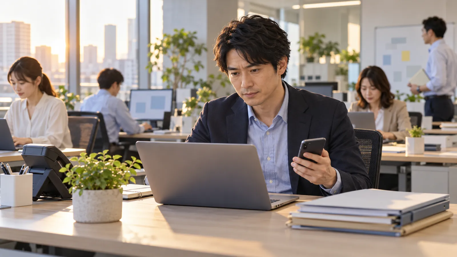 オフィスの机で、男性の社員がノートパソコンとスマートフォンを手に、SNSの運用作業をしている様子