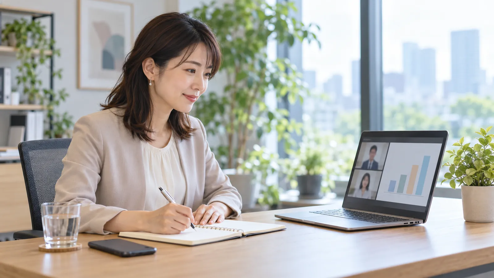 明るいオフィスで、女性の担当者がノートパソコンでオンラインの打ち合わせをしながら、ノートにメモを取っている様子