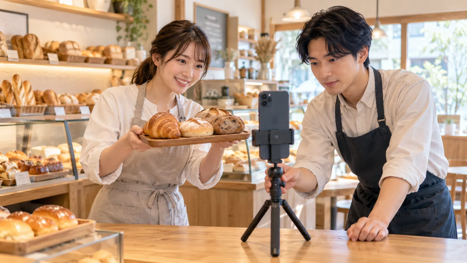 パン屋の店内で、店員の女性が焼きたてのパンを持ち、男性が三脚に付けたスマートフォンでSNS用の動画を撮影している様子
