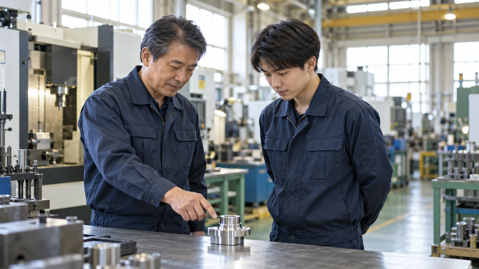 工場の作業場で、ベテランの男性社員が作業台の部品を指さしながら、若い男性社員に仕事を教えている様子