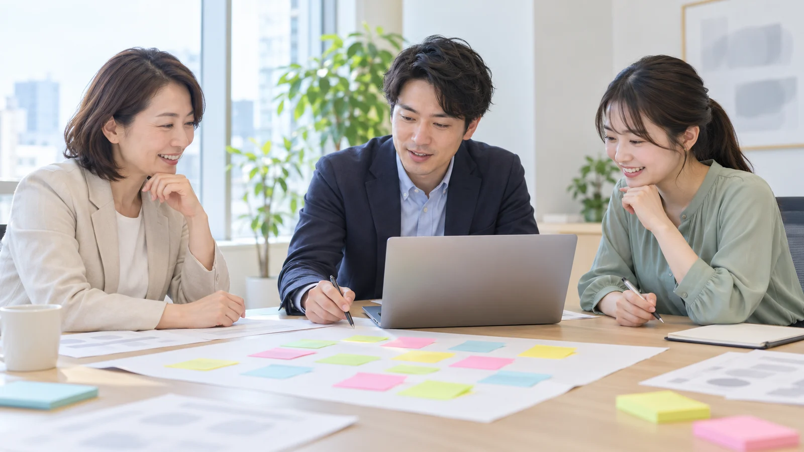 明るい会議室で、人事の担当者3人が付箋を貼りながら採用動画の企画を話し合っている様子