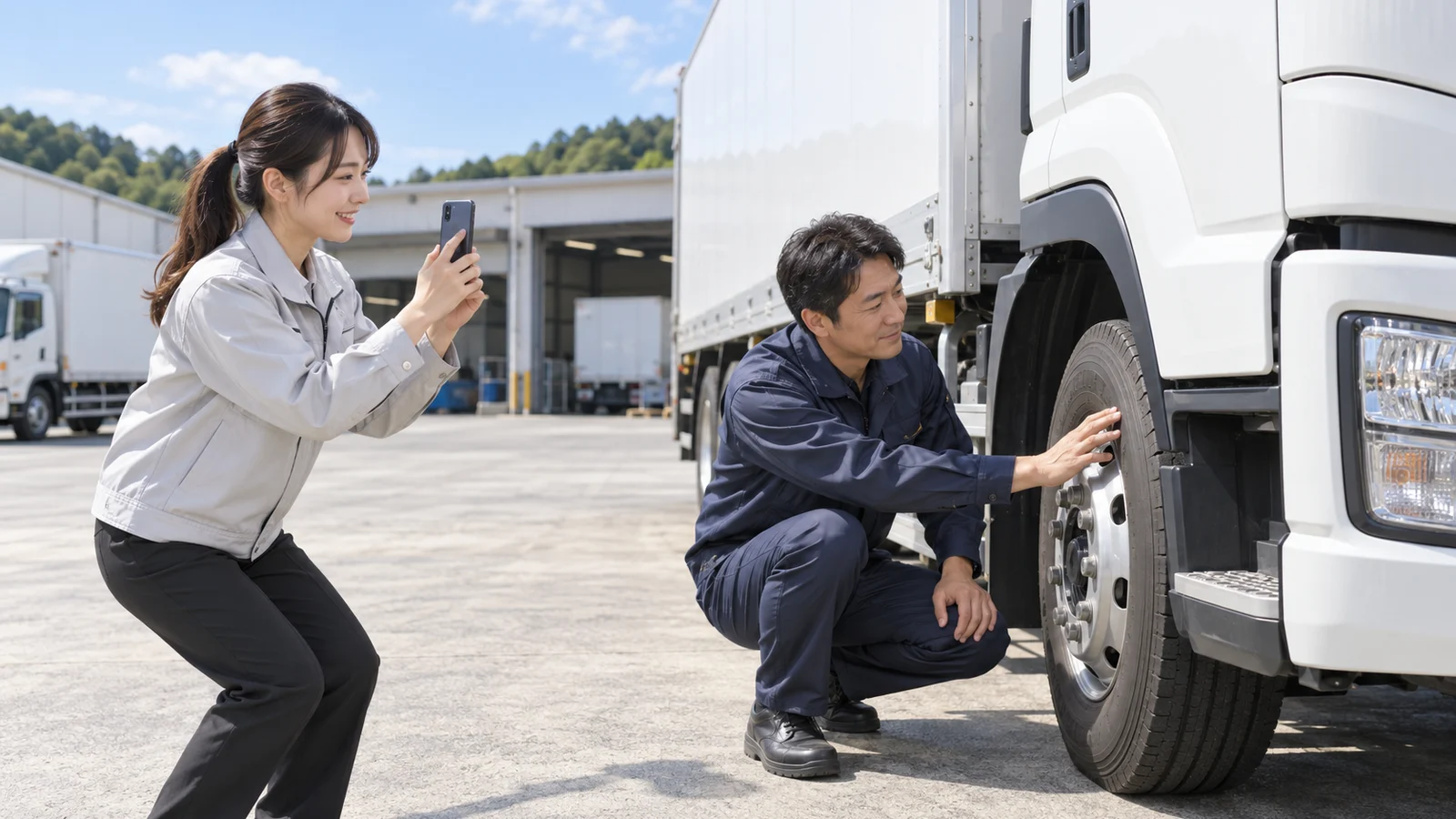 トラックの車庫で、事務の女性社員がスマートフォンを構え、タイヤを点検する男性の運転手を撮影している様子