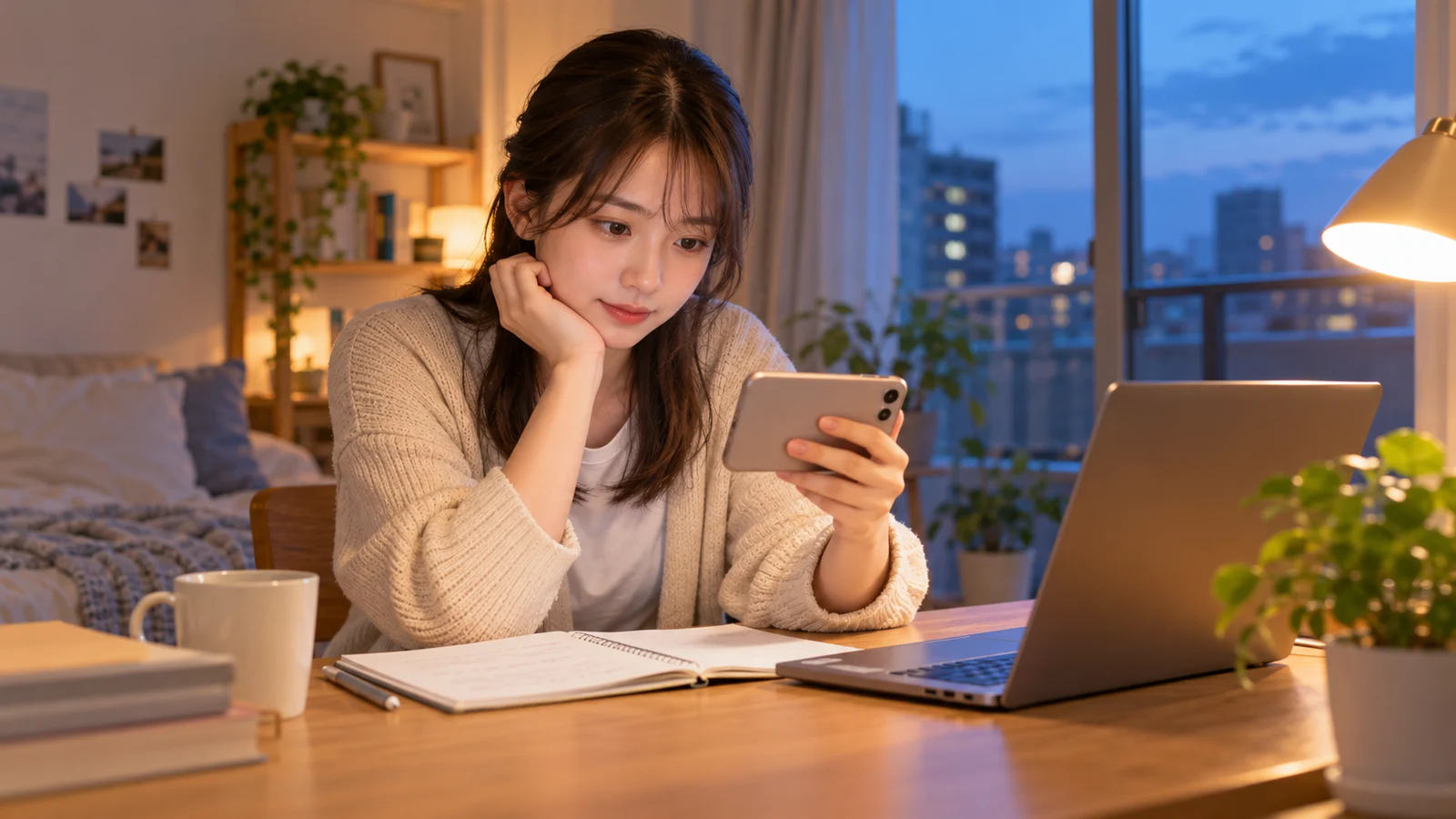 夕方の部屋で、学生がスマートフォンを手に、机のノートパソコンで会社の動画を見ている様子