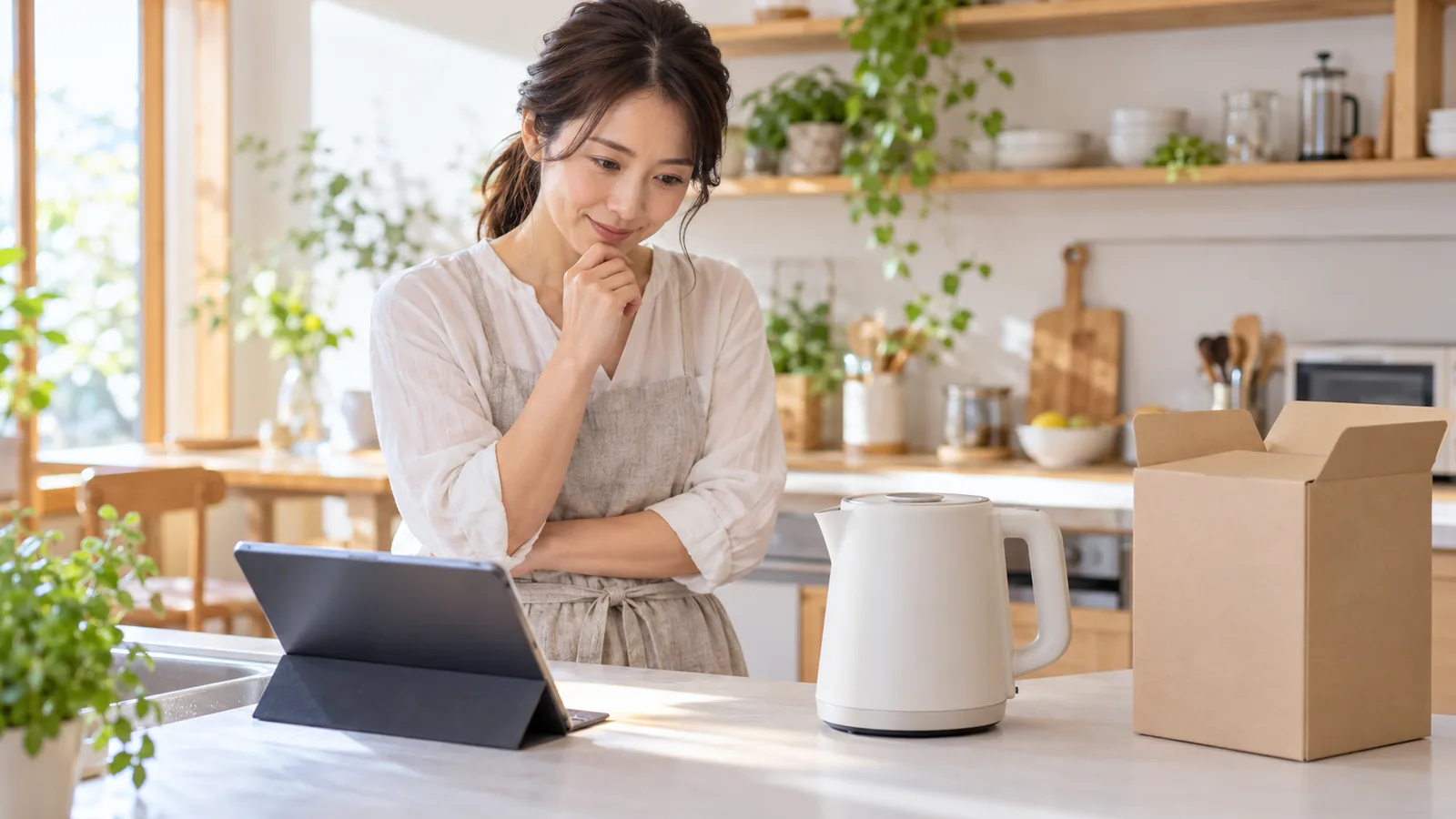 朝の明るい台所で、女性がタブレットで商品の動画を見ながら、箱から出した白い電気ケトルを見比べている様子