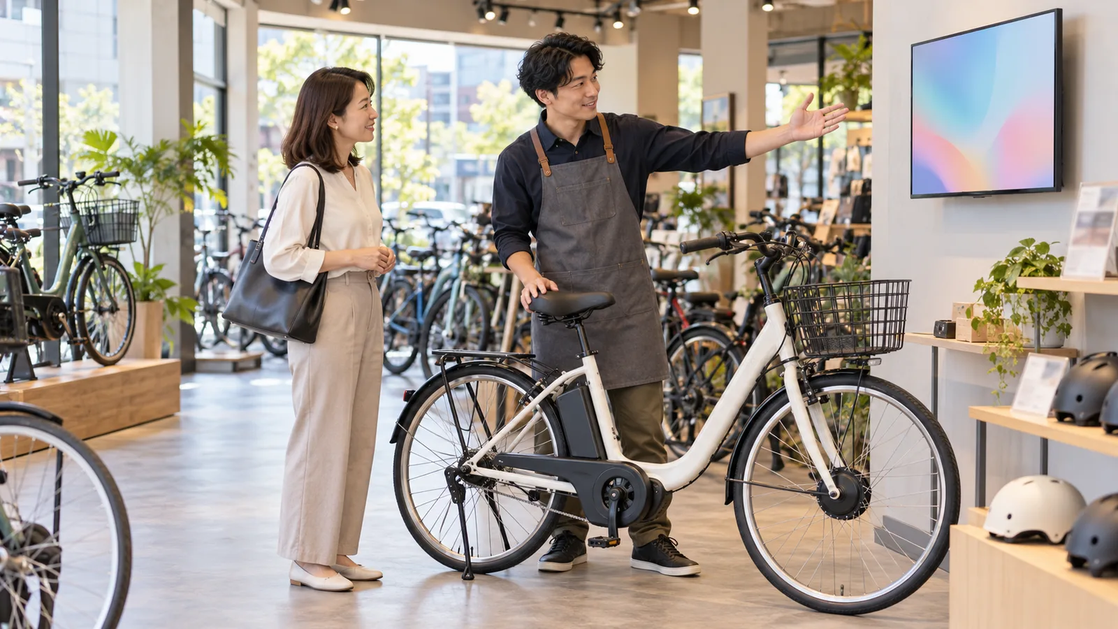 明るい自転車店で、エプロン姿の店員が電動アシスト自転車の横で壁のモニターを指し、女性のお客様が話を聞いている様子