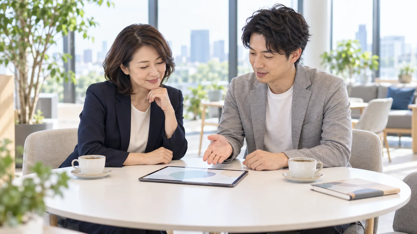 窓の大きな明るい打ち合わせスペースで、男性の担当者がタブレットを見せながら、女性に説明している様子