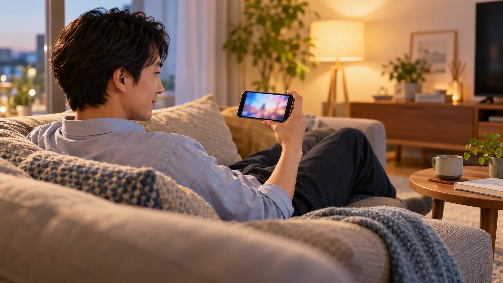 夕方のリビングのソファで、男性がくつろぎながらスマートフォンで動画を見ている様子