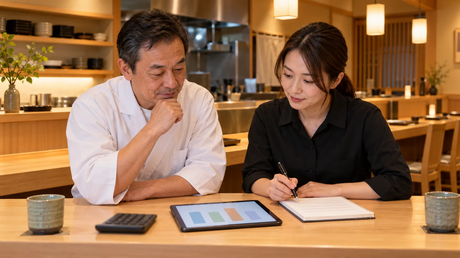 和食店のカウンターで、料理人と女性のスタッフが、タブレットと電卓、ノートを前に予算を話し合っている様子