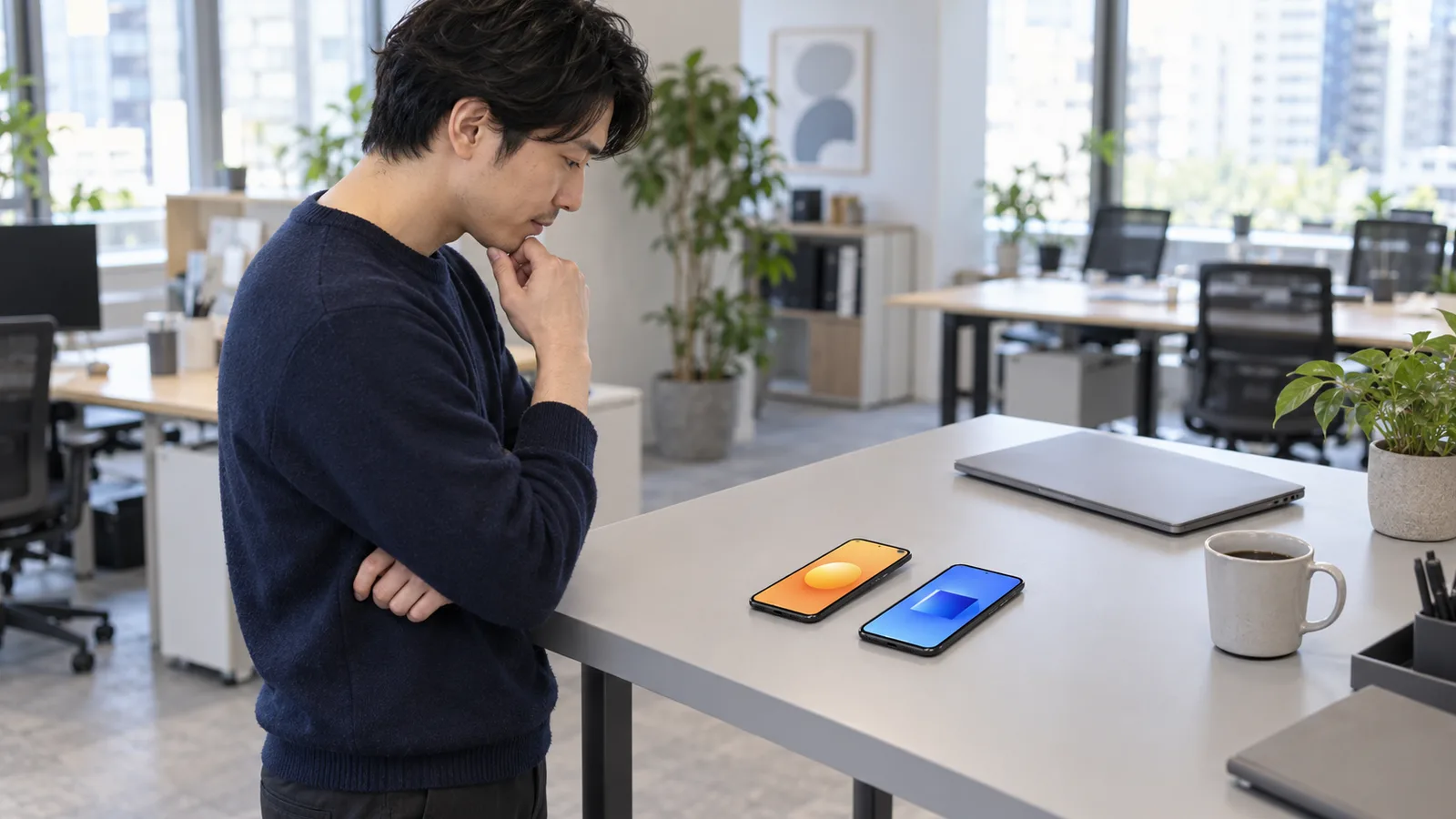 オフィスの机で、男性が2台のスマートフォンの画面を見比べている様子