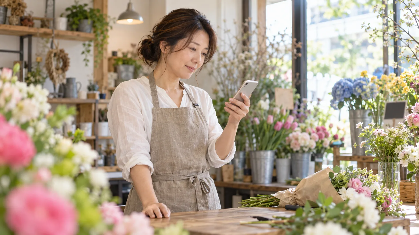 明るい花屋の店内で、女性の店員がスマートフォンを見ながら確かめている様子
