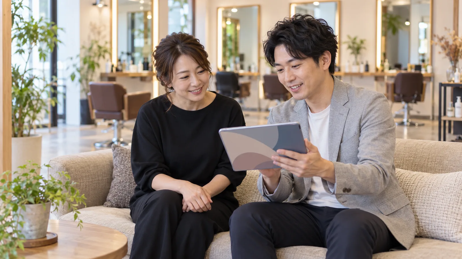 ヘアサロンの待合で、グレーのジャケットの男性がタブレットを見せながら、ソファに座る女性に説明している様子